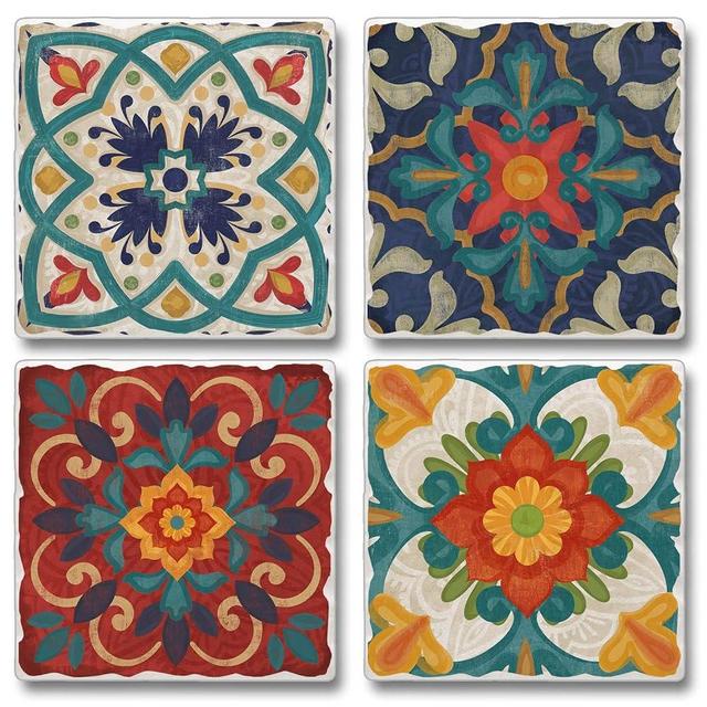 Thirstystone Spanish Villa Multi-Image Absorbent Stone Tumbled Tile Coaster 4 Pack with Protective Cork Backing Manufactured in The USA