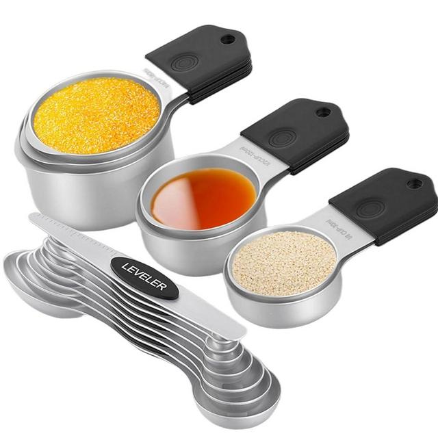 BANANABAY Magnetic Measuring Cups & Magnetic Measuring Spoons set, 304 Stainless Steel Heavy Duty Measuring Cup Set of 7,Magnetic Measuring Spoons set of 7 with 1 Leveler for Dry & Liquid Ingredients