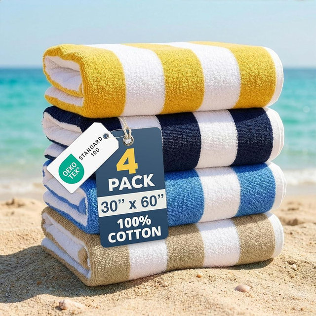LANE LINEN Beach Towels 4 Pack - 520 GSM 100% Cotton Pool Towel for Adults – (30" x 60") Beach Towels Oversized, Thick & Highly Absorbent - Super Soft, Comfy & Quick Dry Cabana Stripe Large Towel
