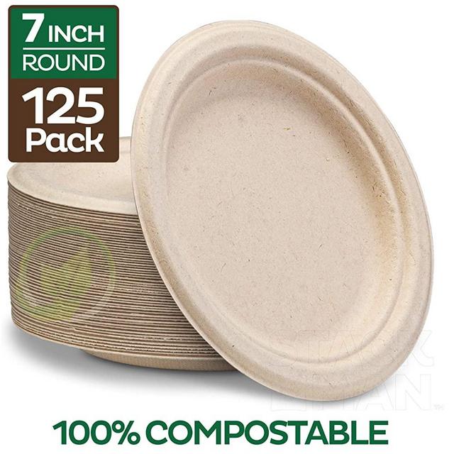 Stack Man Plates [125-Pack] Heavy-Duty Quality Natural Disposable Bagasse, Eco-Friendly Made of Sugar Cane Fibers, 7 inch, Brown