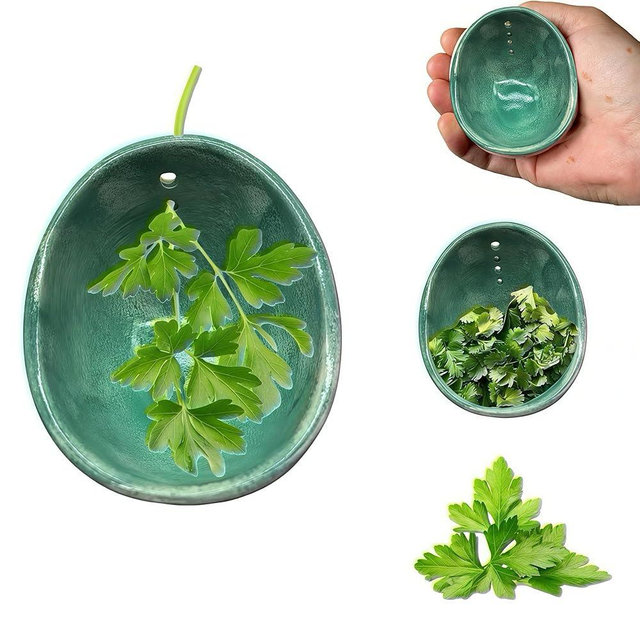 Pottery Herb Stripper Bowl – 4-Slot Herb Stripper for Kale, Herbs & Broccoli | Dishwasher-Safe, Ergonomic Design | Fast Leaf Removal, Space-Saving for Kitchens & RVs(Cyan)