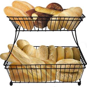Sorbus Bread Basket, 2-Tier Flat-Back Metal Countertop Fruit & Vegetable Rack, Great for Bread, Snacks, Household Items, Kitchen Storage and More, Antique Style (Black)