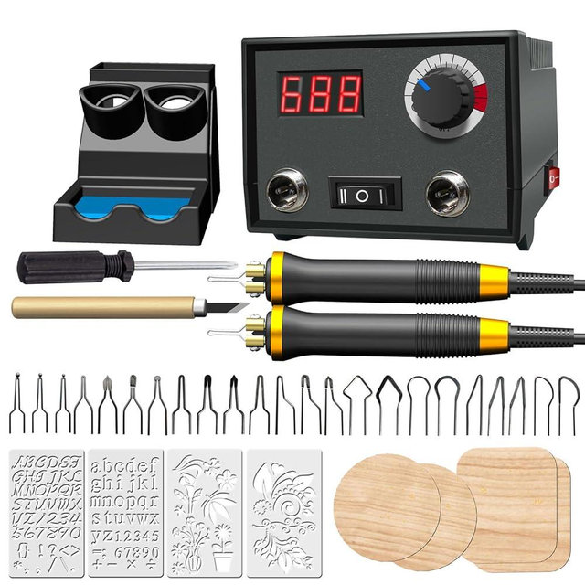FIRElood Wood Burning Tool, Wood Burner kit Pen 25~750℃, Wood Burning kit with Digital Thermometer Temperature Adjustable Temperature, 2 pyrographic Wood Burning pens, 23 Wood Burning Pen Tips