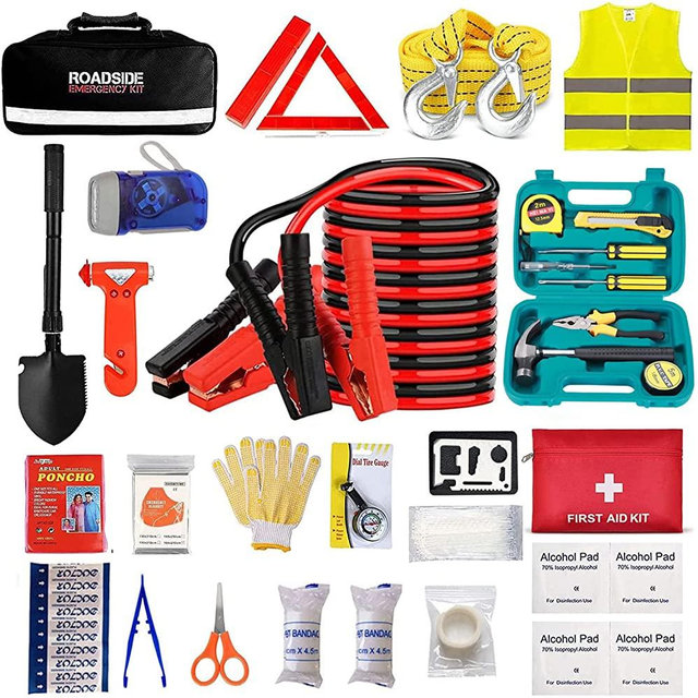 Car Emergency Roadside Tool Kit with Jumper Cable,Auto Truck Automotive Safety Assistant Vehicle Bag for Men Women with Shovel First Aid Kit, Winter Basic Automobile SUV RV Safety Road Travel Kit