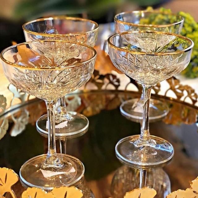 Gold Rimmed Vintage Style Coupe Glasses, Cocktail Glasses Set, Wedding glasses, Champagne Coupes, Christmas Glasses