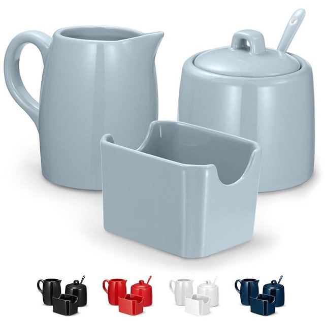 KooK Sugar and Creamer Set, 3 Piece, Pitcher, Sugar Bowl with Lid and Spoon, Sweetener Holder, Casper Blue