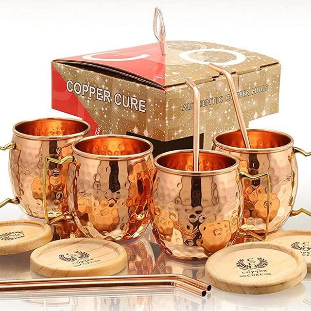 Solid Copper Mugs - Set of 4 (Gift Set) 16 Oz - Copper Hammered Mugs – 100% Handicrafted - Mugs - Copper Mugs - Copper Cups With BONUS Copper Straws & Coasters by Copper Cure