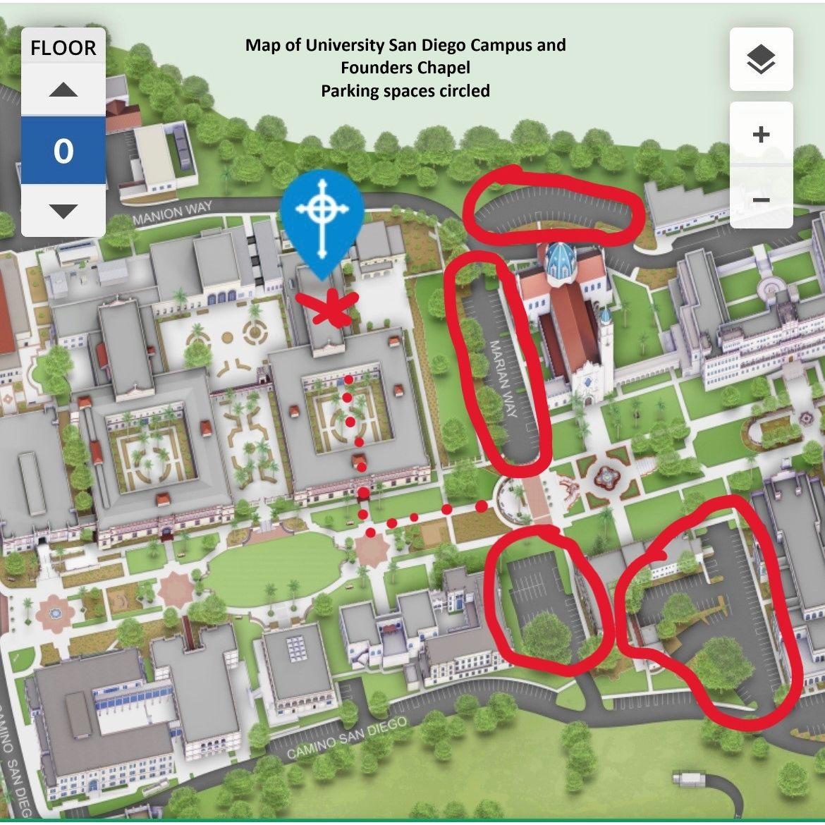 Map of parking at University San Diego Founders Chapel