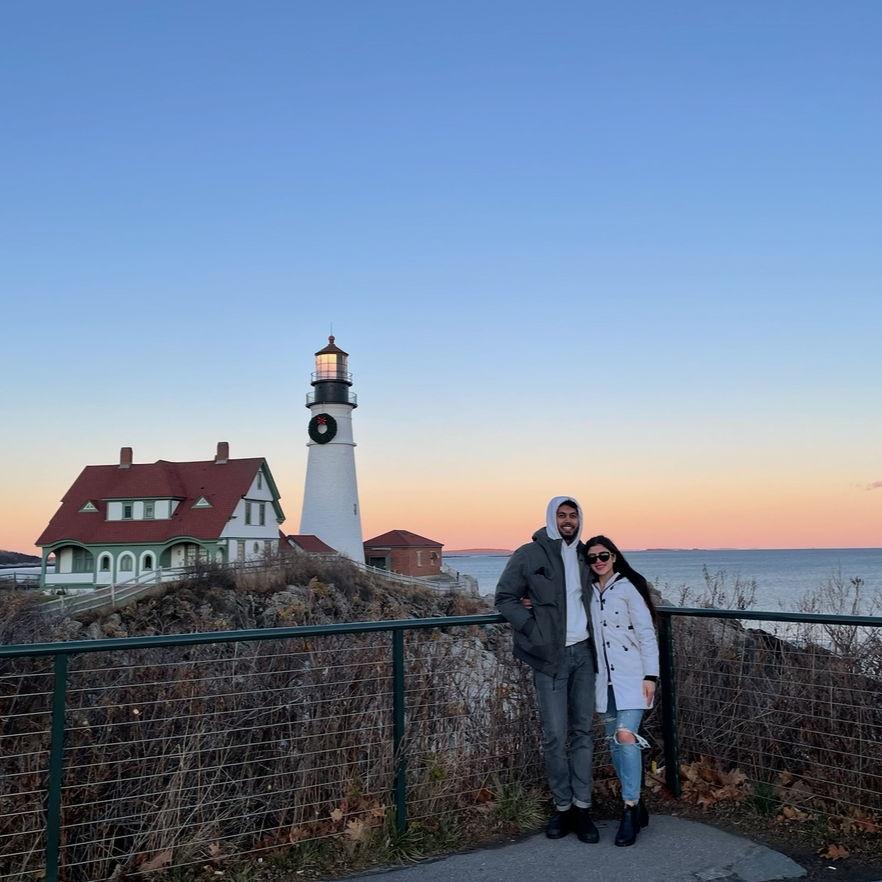 Our first ever photo at the Portland headlight in Dec 2021!