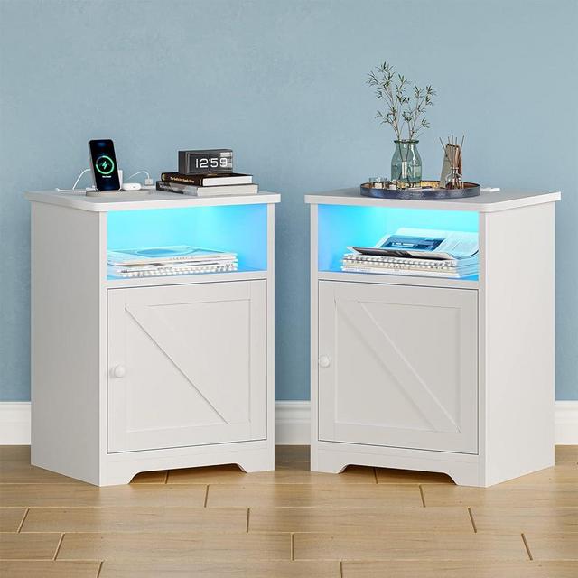 ADORNEVE LED Nightstands Set of 2,Night Stands for Bedrooms Set of 2,Nightstand with Charging Station and LED Lights,White Bedside Table with Power Outlets & USB Ports