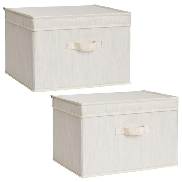 StorageWorks Decorative Storage Boxes, Storage Basket with Lid and Handles, Mixing of Beige, White & Ivory, Large, 2-Pack