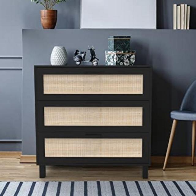 3 Drawer Dresser, CREATIVELAND Oxford Rattan Chest of Drawers End Cabinets Storage Corner Bedside Table for Bedroom,Living Room,Entryway, Durable Modern Luxury Furniture Decorative (Black)