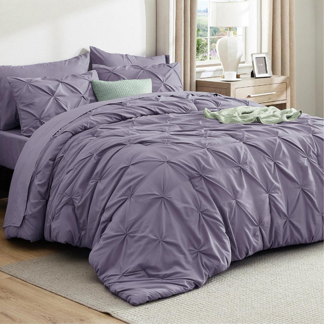 Solid Diamond Pintuck 7pcs California Queen Grayish Purple Bedding Set Comforter Set - Bedsure