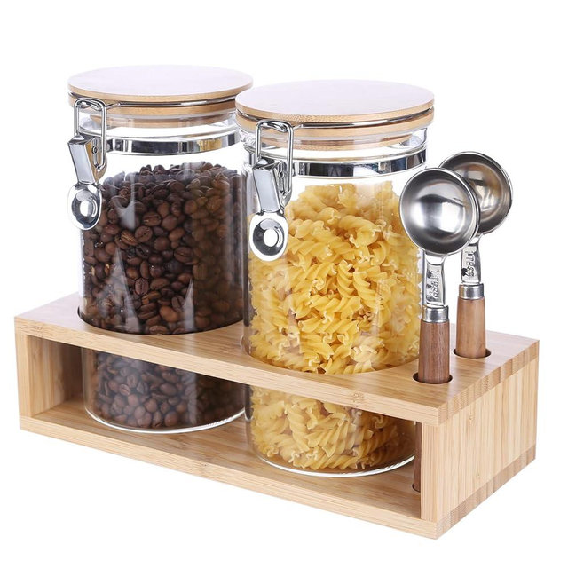 KKC Glass Coffee and Sugar Containers with Airtight Hinged Lids,Sealed Glass Jar Canisters with Scoops for Ground Coffee,Beans,Loose Leaf Tea,Nuts,Matcha,40 Fluid-oz