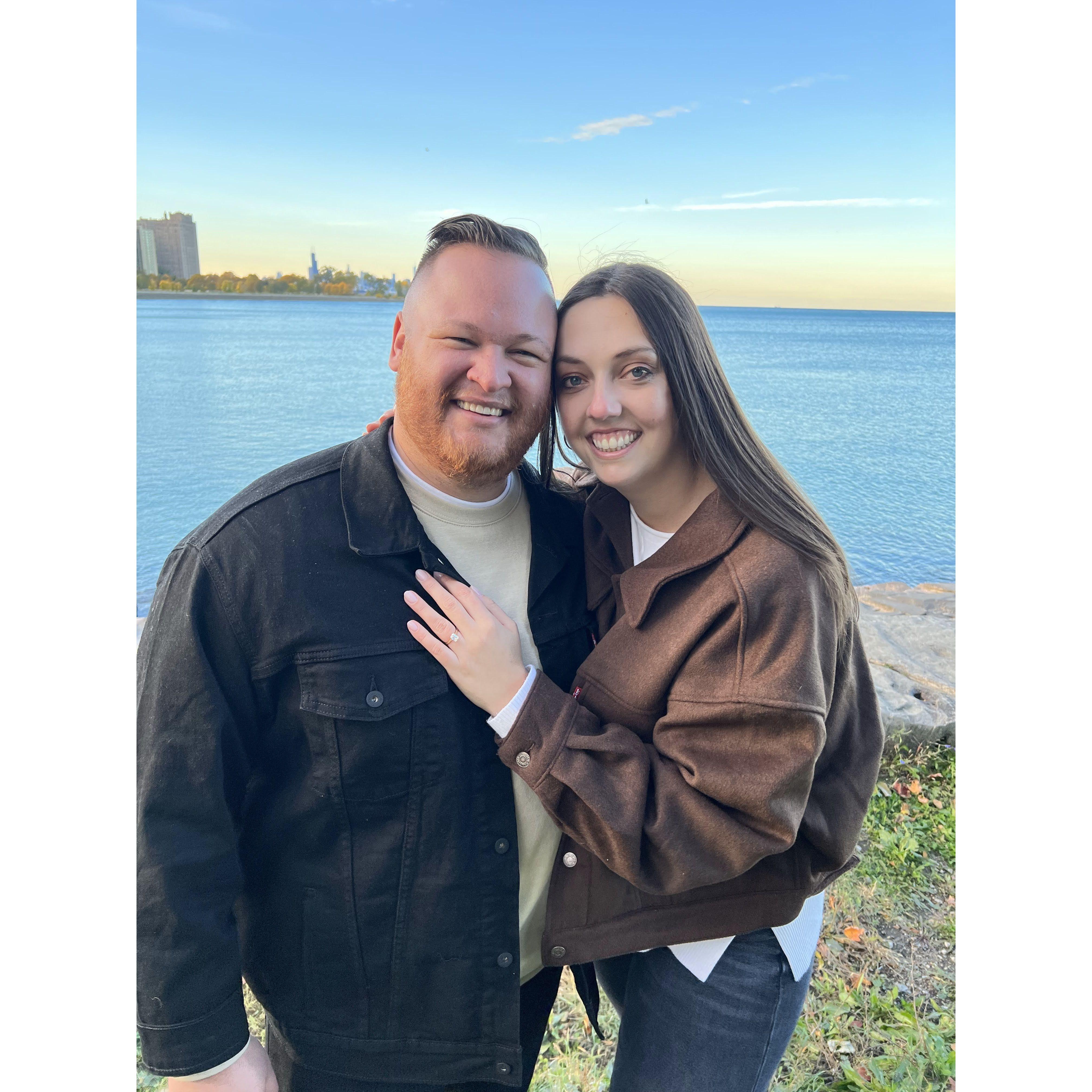 Right after Sean proposed at Promontory Point on October 15th, 2022. One of the most beautiful fall days that we'll never forget.
