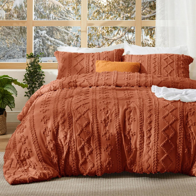3Pcs Tufted Boho Farmhouse Shabby Chic Embroidery Terracotta Queen Size Comforter Set - Bedsure