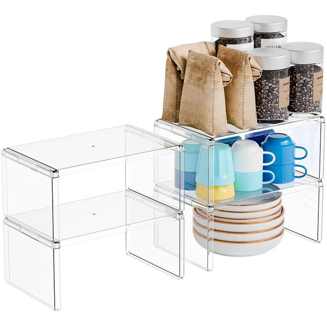 Yieach 4 Pack Acrylic Cabinet Organizer,2 Tier Stackable Shelves for Cabinets,RV Pantry Organization,Counter Space Saver Desk Organizers,Cupboard Shelf and Cabinet Stand & Risers for Mug,Cup,Dish