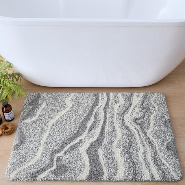 DEXI Bathroom Rug Mat 17x30, Non Slip Machine Washable Marble Bathmat, Absorbent Thick Microfiber Rugs, Soft Plush Carpet for Shower Floor, Tub, Sink, Bath Accessories Decor, Grey