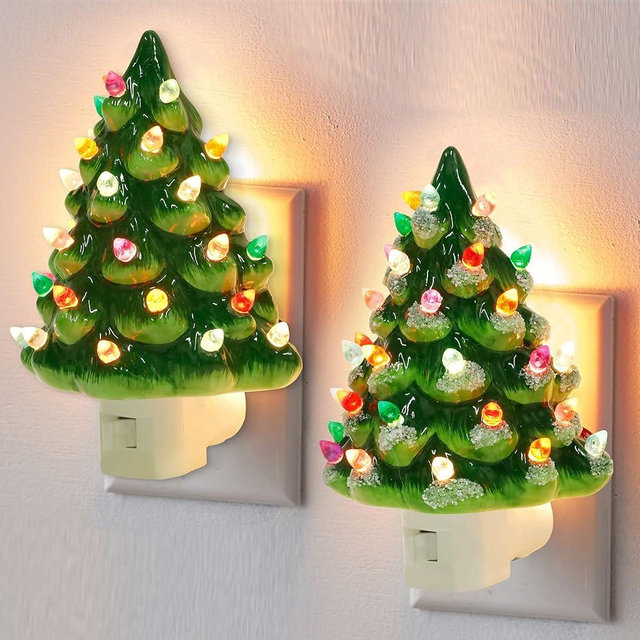 Hausse 2 Pack Christmas Ceramic Tree Night Lights, Decorative Xmas Tree Nightlight with Lamp, Multicolor Bulbs & 360 Degree Swivel Plug with ON/Off Switch for Home Bathroom Bedroom Decor