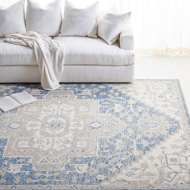 SAFAVIEH Micro-Loop Collection Area Rug - 9' x 12', Blue & Ivory, Handmade Shabby Chic Medallion Wool, Ideal for High Traffic Areas in Living Room, Bedroom (MLP503M)