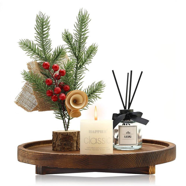 Round Decorative Wooden Tray for Bathroom Sink Kitchen Counter Decor Trays Small Wood Riser Pedestal Stand Dining Coffee Table Trays Vanity Spa Bathroom Accessories for Soap Dish Perfume Candle Tray