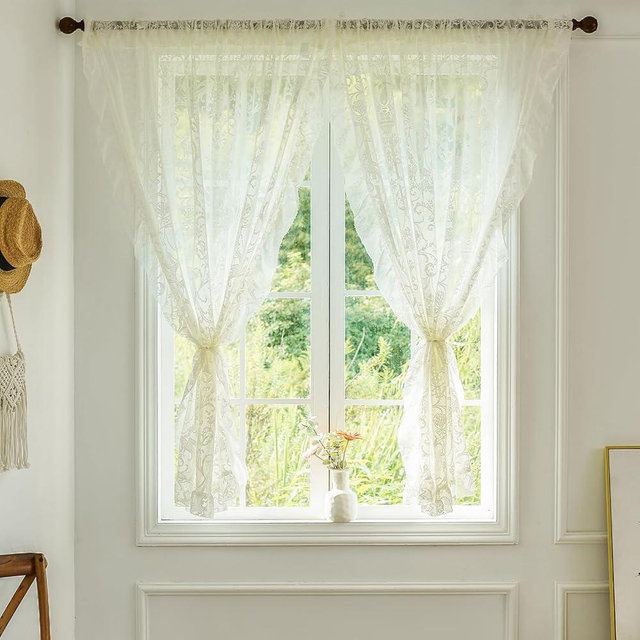 TUDECO Lace Curtains 45 Inch Length - French Country Sheer Floral Curtains for Small Window Victorian Privacy Rod Pocket Ivory Lace Decor Short 2 Panels, 59 x 45 Inch, Ivory