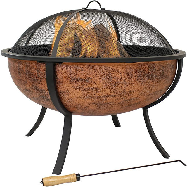Sunnydaze Large Copper Finish Outdoor Fire Pit Bowl - Portable Backyard Round Wood Burning Patio Firebowl with Spark Screen Wood Grate and Poker - 32-Inch