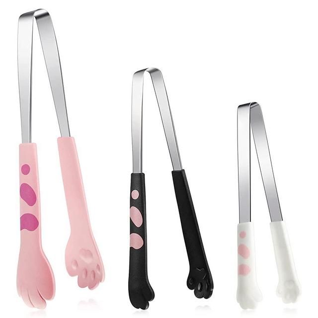 3 Pcs Cat Paw Tongs Cat Tongs Kawaii Food Kitchen Tongs Stainless Steel Tongs Cute Kitchen Accessories Gift for Cooking Toast, Bagels Barbecue and More, 3 Size(Pink, White, Black)