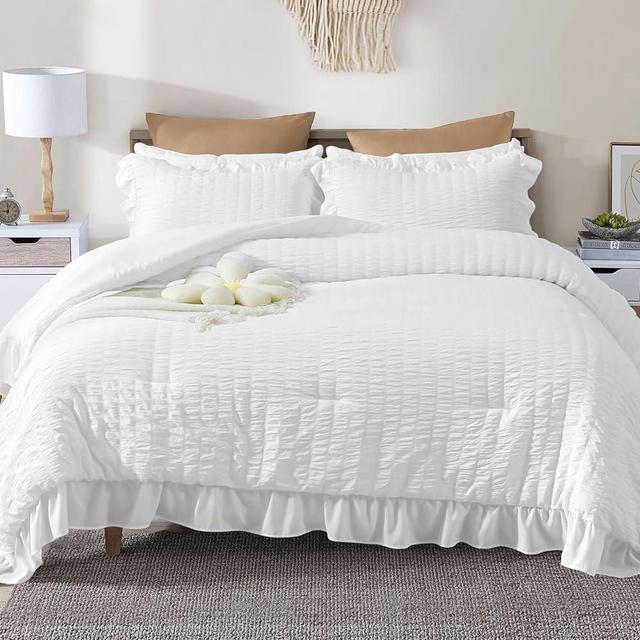 JOLLYVOGUE Queen Comforter Set, 3 Pieces White Seersucker Comforters Queen Size, Lightweight & Fluffy Bedding Sets Queen for All Season with 1 Ruffle Comforter and 2 Ruffle Pillowshams