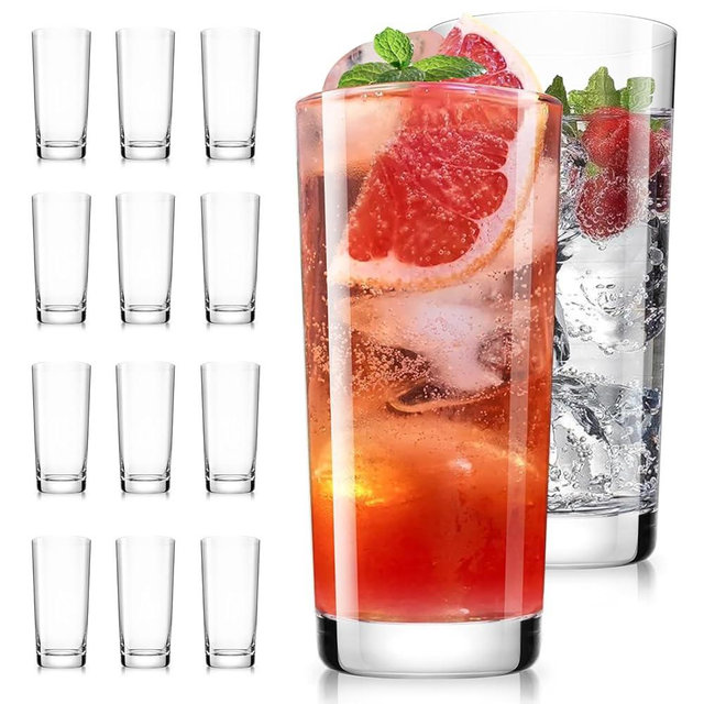 LUNA & MANTHA Drinking Highball Glasses Set of 12, Water Glasses 16 oz, Wide Mouth Design Lead-Free Crystal Glassware, Tall Glass Cups for Mojito and Tom Collins, Cocktail