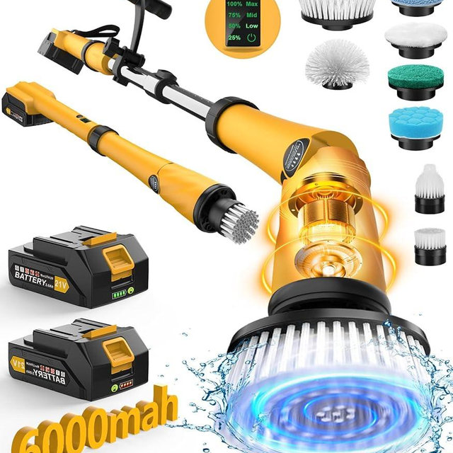 Qimedo Electric Spin Scrubber Extra Large Brush Q3,6000 mAh Best Battery Power Scrubber for Cleaning,1200RPM Shower Cordless Cleaning Brush with 8 Brushes for Bath/Tub/Tile/Floor (Smart Display)