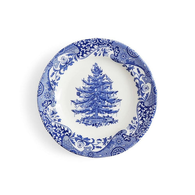 Spode Blue Italian 8" Christmas Plate - Earthenware Celebration Platter with Tree Motif - Microwave, Oven, Freezer Safe - Elegant Holiday Serveware for Festive Dinner Table - Great for Hostess