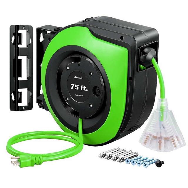 DEWENWILS Retractable Extension Cord Reel, 75 FT Heavy Duty Power Cord, 14/3C SJTOW Retractable Cord Reel, Lighted Triple Outlets, 10A Circuit Breaker, Wall/Ceiling Mount, UL Listed, Green