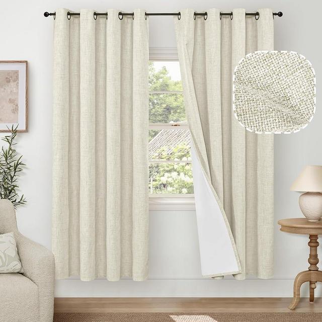 Lajode Blackout Living Room Curtains 72 Inch Long 2 Panels, Textured Linen Black-Out Curtains for Bedroom Light Blocking, Bronze Grommet Thermal Insulated Window Drapery, Each 52" Wide, Natural