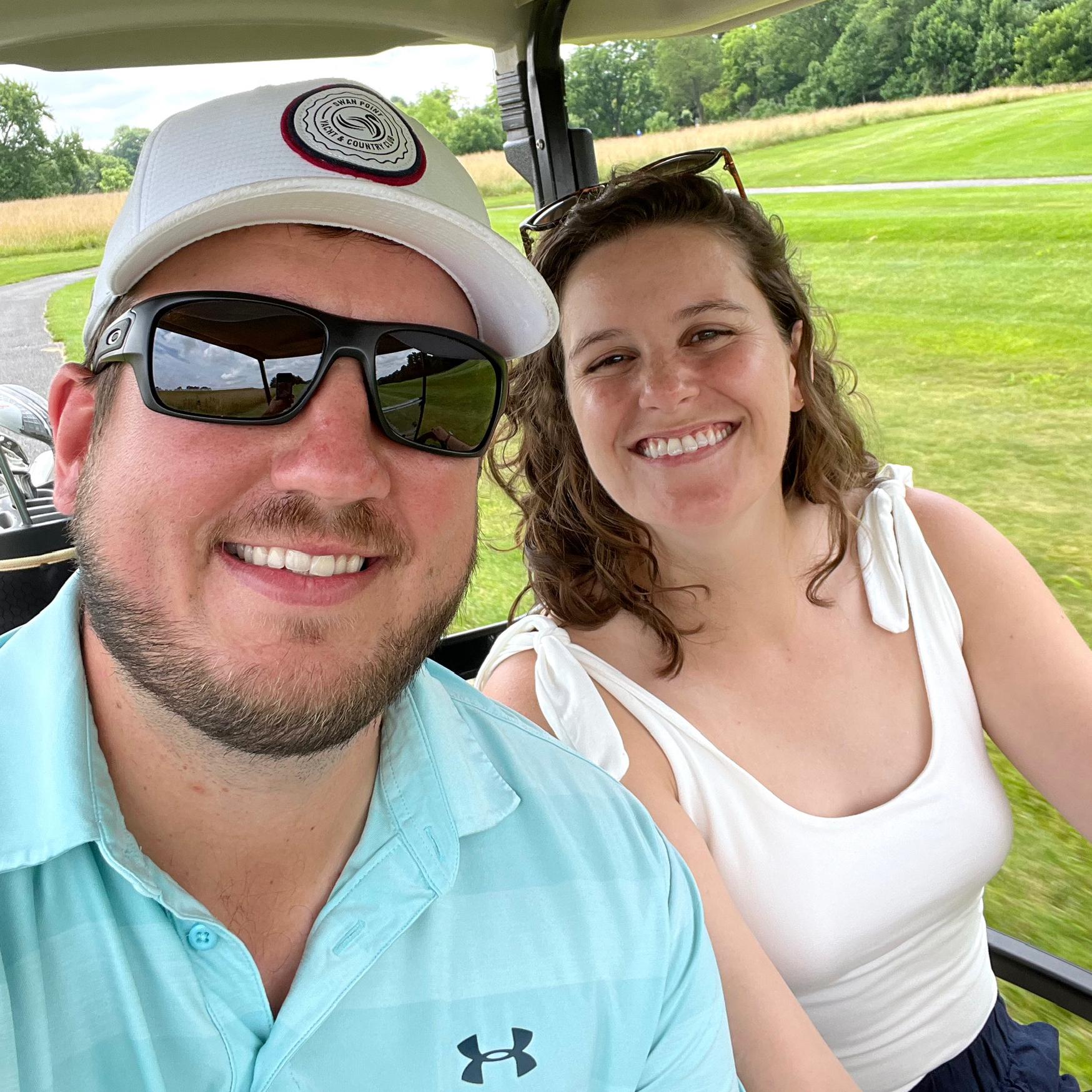 Megan drives the cart. Jack drives the ball.