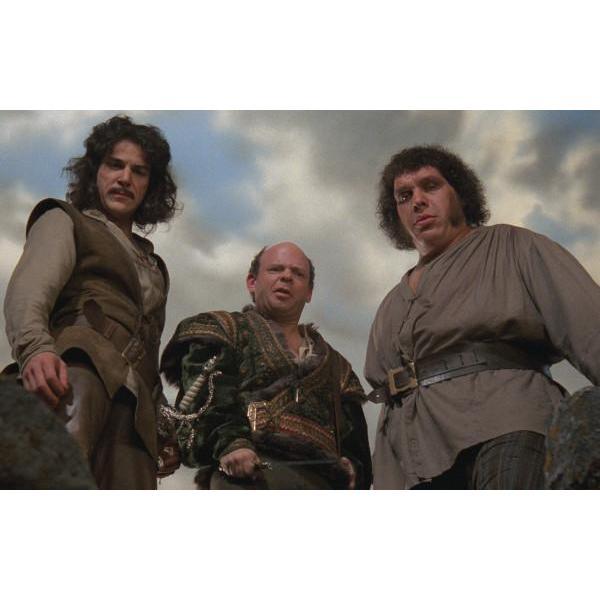 Inigo Montoya, Fezzik, and Vizzini from The Princess Bride watching the Dread Pirate Roberts climb up the Cliffs of Insanity.