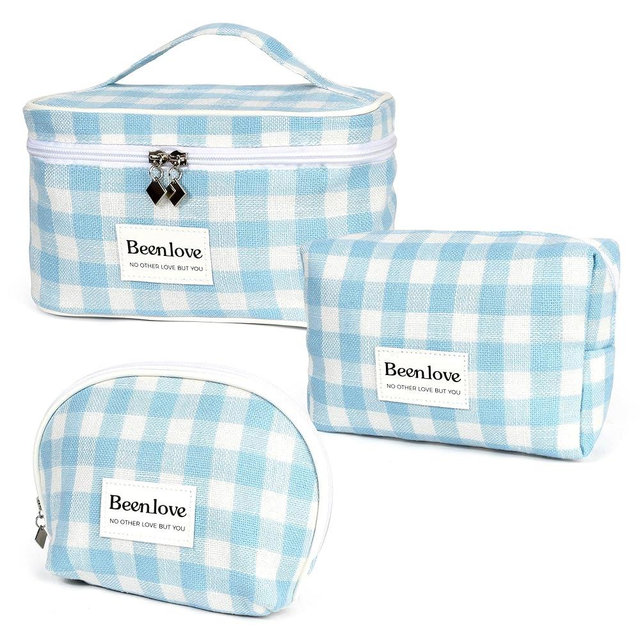 FAELBATY Checkered Makeup Bag, 3 Pack Large Travel Makeup Bag Set, Cosmetic Bag for Women (Blue)