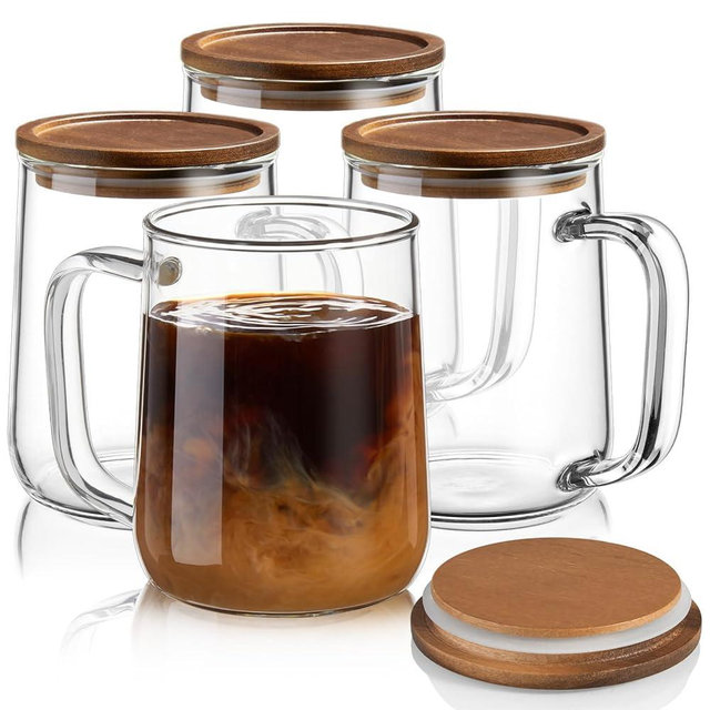 CMLKLZD Glass Coffee Mugs, 16 oz Glass Coffee Cups with Acacia Wood Lids, Clear Borosilicate Glass Mugs with Handles for Cappuccino, Tea, Latte, Hot/Cold Beverages, Wine, Americano, Set of 4
