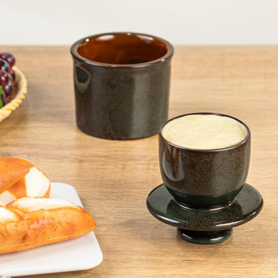 Pottery Butter Crock with Lid, Ceramic Butter Dish with Water Line, Countertop Butter Keeper, Butter Holder for Countertop, Greenish Brown