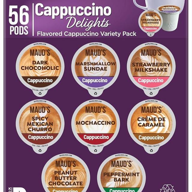 Maud's Cappuccino Coffee Pods Variety Pack, 56 ct | 8 Assorted Cappuccino Delight Flavors | 100% Arabica Coffee | Solar Energy Produced Recyclable Pods Compatible with Keurig K Cups Maker