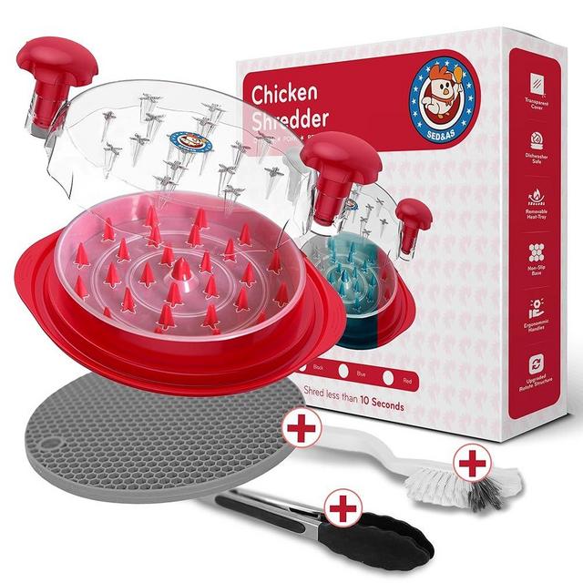 sed&as Chicken Shredder Tool Twist – Professional Meat Claws for Shredder, Lifting & Handling Pulled Pork, BBQ, Beef, & Poultry – Comes with Non-Slip Mat, Cleaning Brush & Tong – Dishwasher Safe (Red)