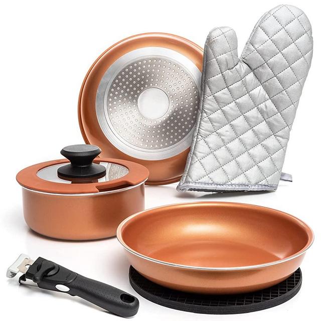 7 Piece Removable Handle Cookware, Aluminum Non-Stick Sauce Pan & Fry Pan Set, Stackable Pots And Pans Set, Dishwasher safe, Induction Pots And Pans Copper Cookware By Moss & Stone