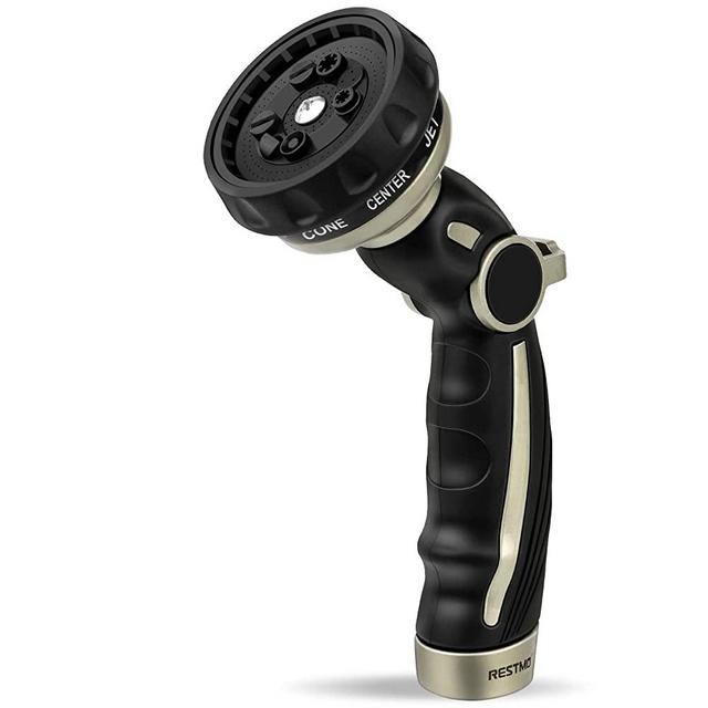 RESTMO Hose Nozzle Heavy Duty, Metal Water Hose Sprayer for Garden, 9 Spray Patterns | High Pressure | Thumb Flow Control | On/Off Valve, Ideal for Outdoor Lawn & Plant Watering, Car & Pet Washing