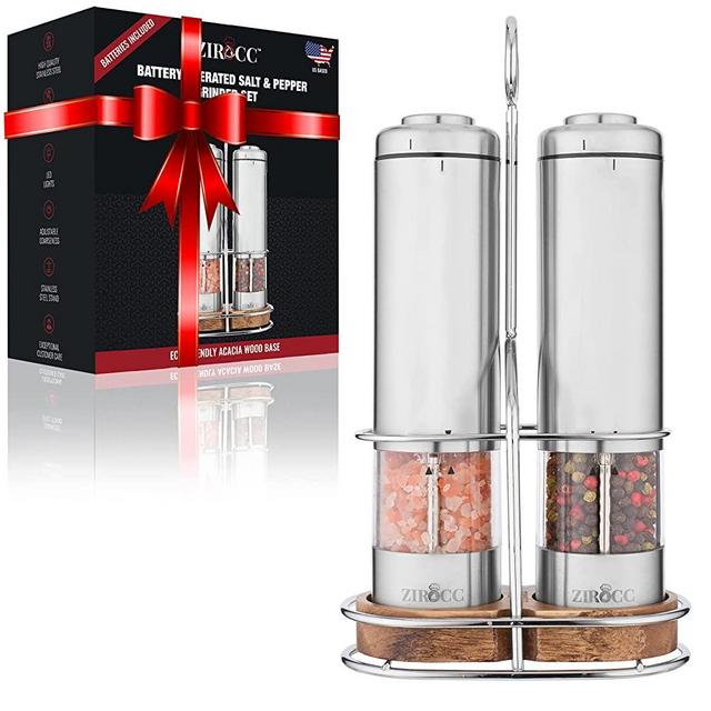Electric Salt and Pepper Grinder Set (Batteries included)-Battery Operated Stainless Steel Salt & Pepper Mills (Pack of 2)-Adjustable Coarseness with Bright LED light-Acacia Base