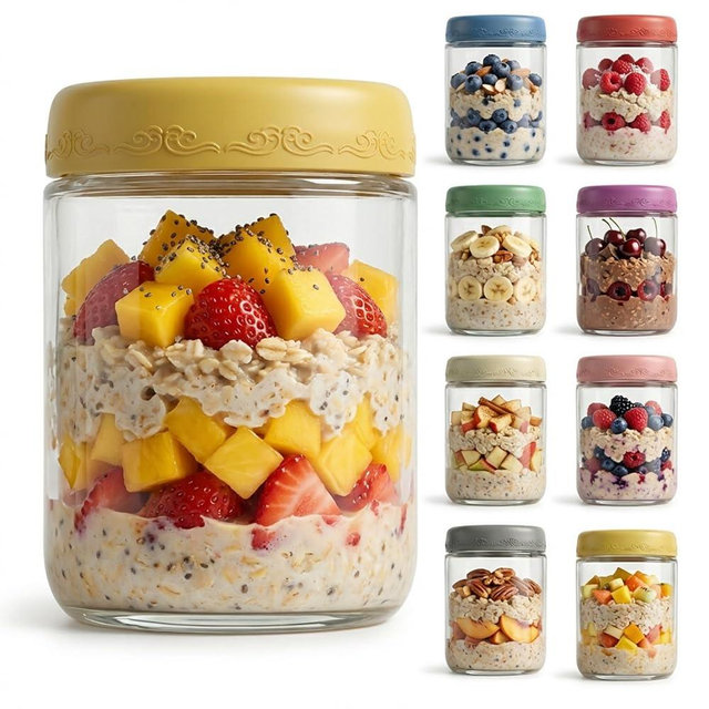 DicraoLea 16oz 8Pack Glass Overnight Oats Jars Containers with Airtight Leakproof Lids, Reusable Mason Jars for Meal Prep, Yogurt Parfaits, Smoothies, Salads & Healthy Breakfast(16oz-8Pack)