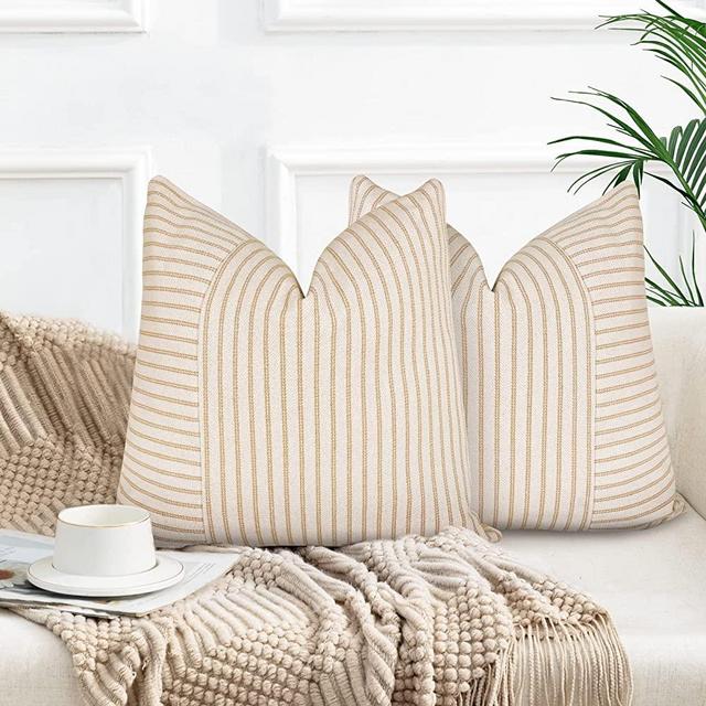 Farmhouse Pillow Covers 18x18, Modern Accent Square Throw Pillow Covers Set of 2, Khaki and Beige Striped Patchwork Linen Decorative Pillows Cushion Covers for Couch Chair Bedroom Fall Decorations