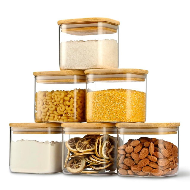 D2scrma 22oz Airtight Square Spice Containers with Bamboo Lid Set of 6 (650ml) Kitchen Pantry Organization Jar Stackable Spice Jar, for Sugar, Tea, Cookies and Coffee beans (‎with Black Lable)