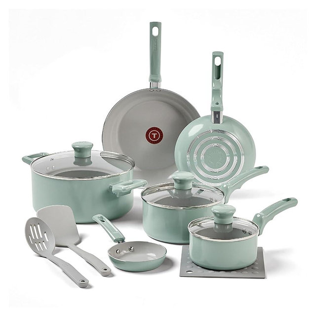 T-fal Refresh Ceramic, Ceramic Non Stick Cookware Set 12 Piece, Oven Broiler Safe 350F, Cookware, Kitchen Cooking Set w/Fry Pans, Saucepans & Kitchen Utensils, Pots and Pans Set Non Stick, Mint Green