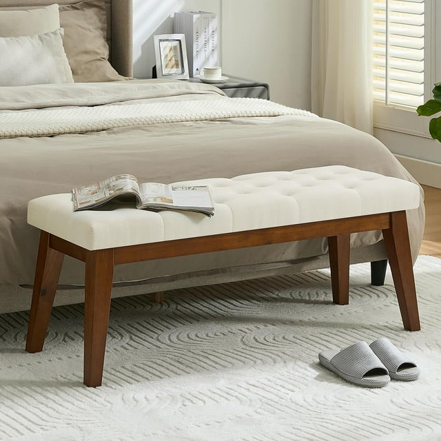 WUTUTUEE 43.5'' Linen Bedroom Bench, Upholstered End of Bed Bench with Tufted Button, Padded Vintage Dining Bench, Entryway Bench with Solid Wood Legs, Kitchen, Living Room, Hallway, Beige Tufted