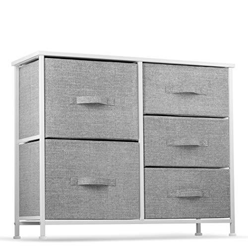 5 Drawer Dresser Organizer Fabric Storage Chest for Bedroom, Hallway, Entryway, Closets, Nurseries. Furniture Storage Tower Sturdy Steel Frame, Wood Top, Easy Pull Handle Textured Print Drawers